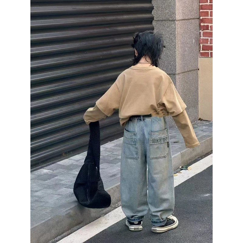 2025春季新款百搭韩版宽松拼接男女同款牛仔裤A8011