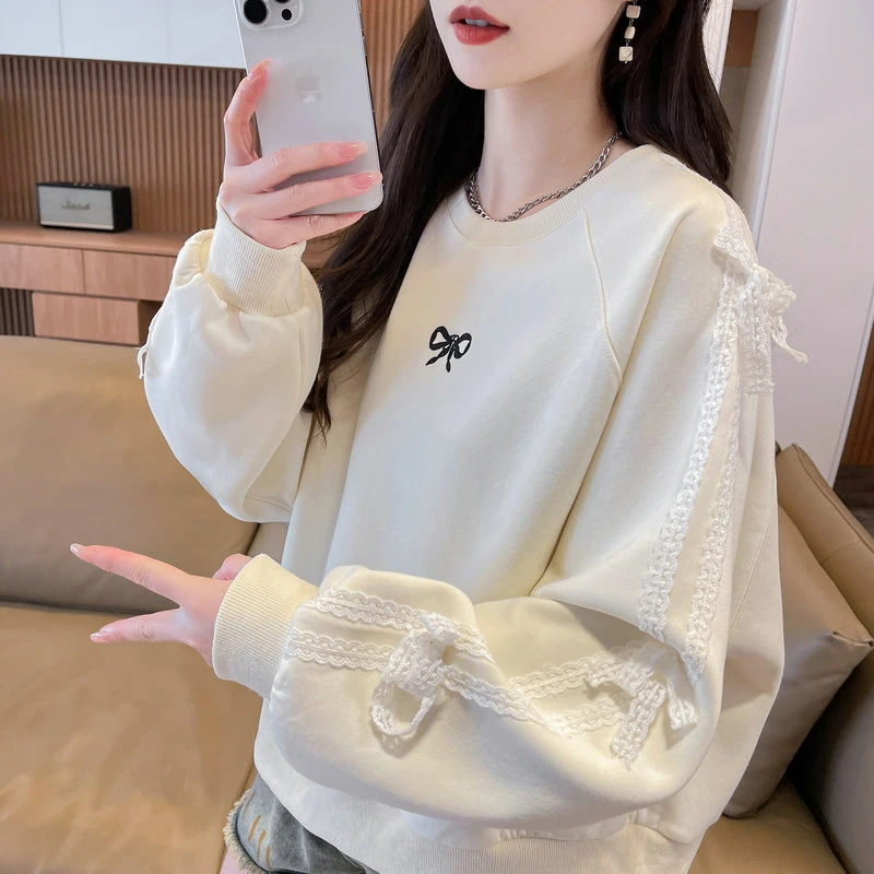 蕾丝花边蝴蝶结卫衣女2025新款春秋季韩版宽松薄款初中生上衣外套