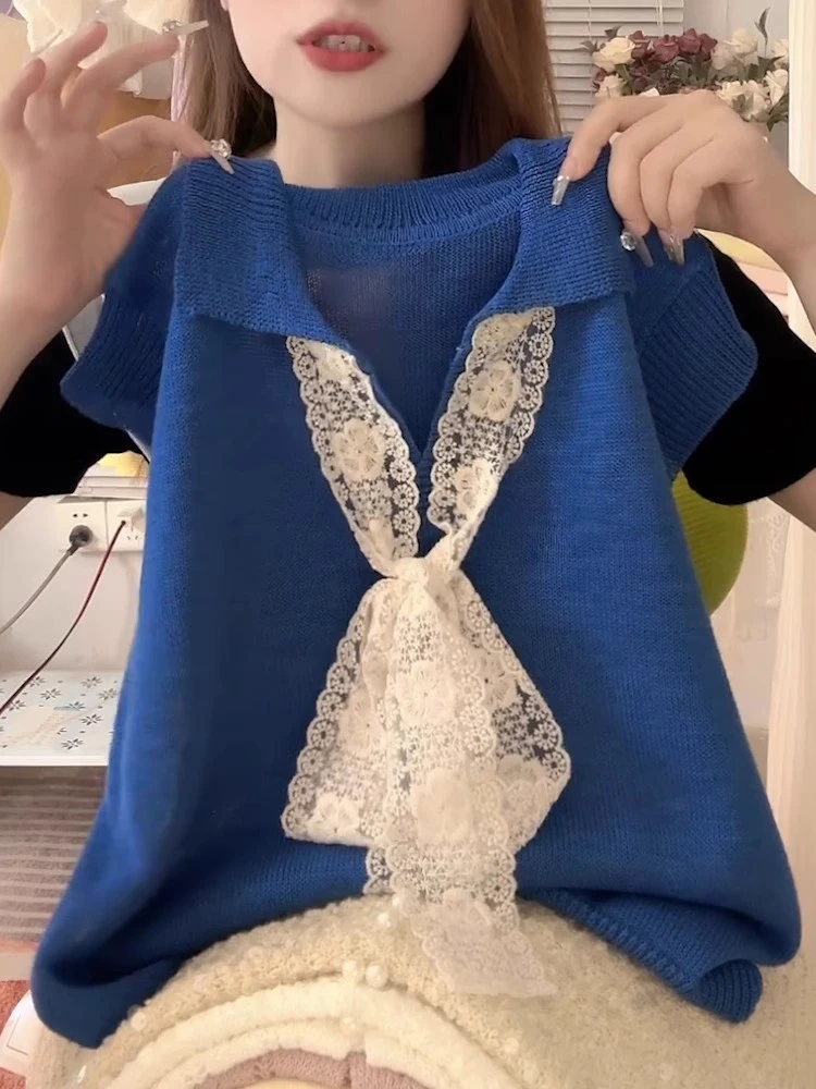 韩版时尚高级感蓝色短袖针织衫女2025夏季新款气质百搭显瘦上衣潮