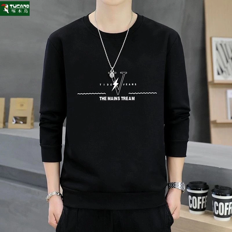 啄木鸟国潮时尚卫衣男春秋季纯色圆领重磅宽松百搭休闲长袖打底衫