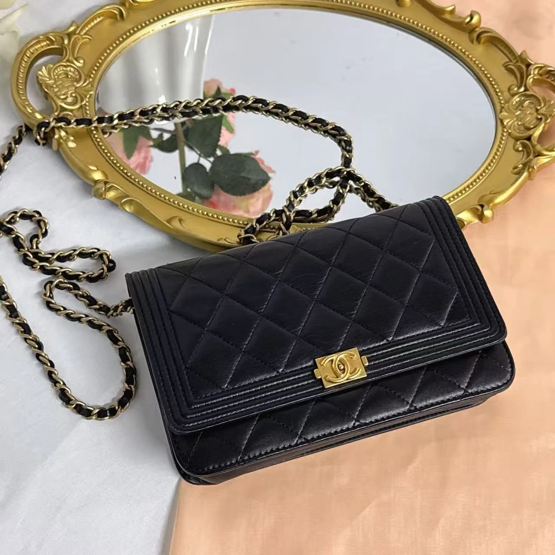 95新 Chanel/香奈儿 香奈儿黑金菱格单肩包95新黑色