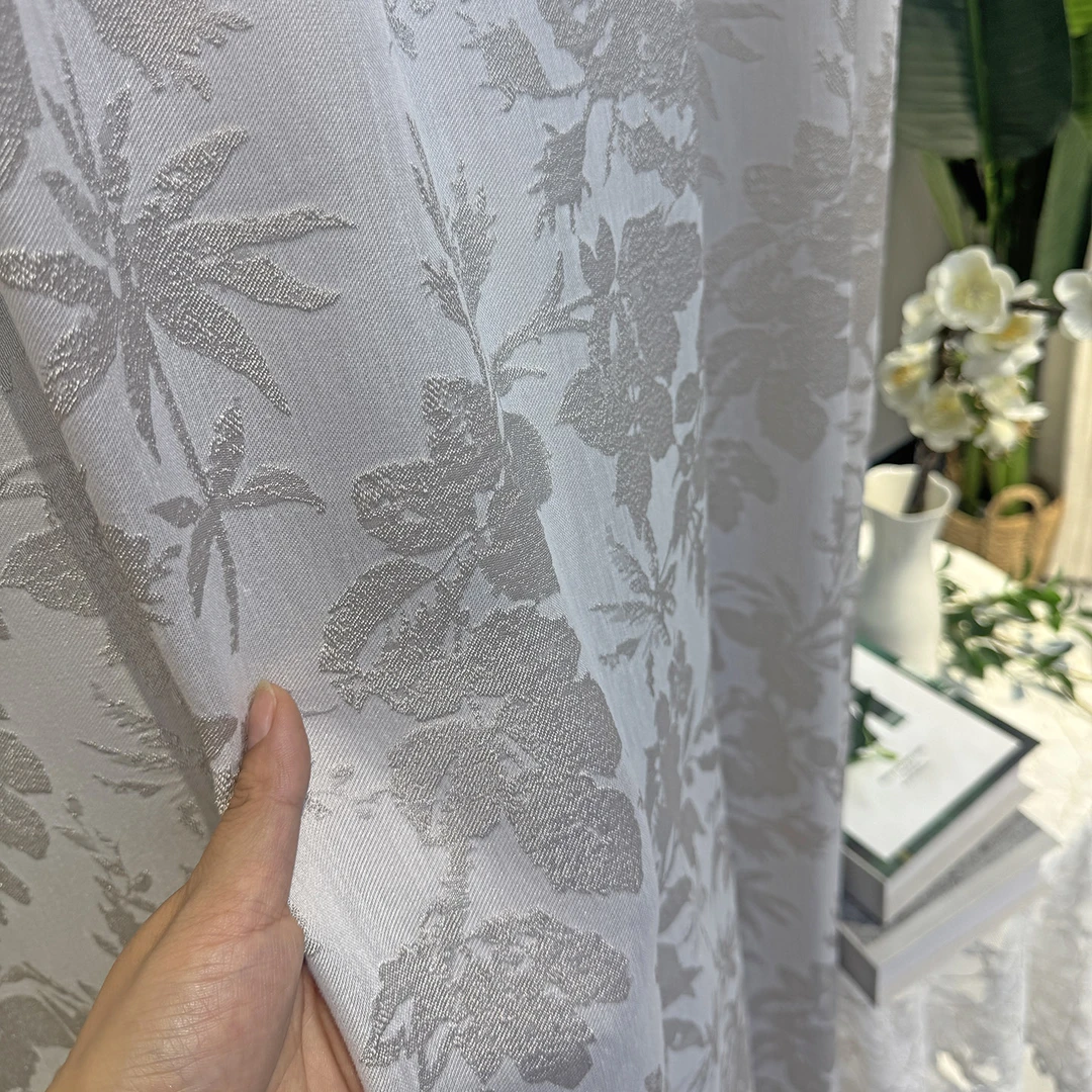 高端透光不透人窗纱牡丹花浮雕提花客厅卧室纱帘雅致大气高级三色
