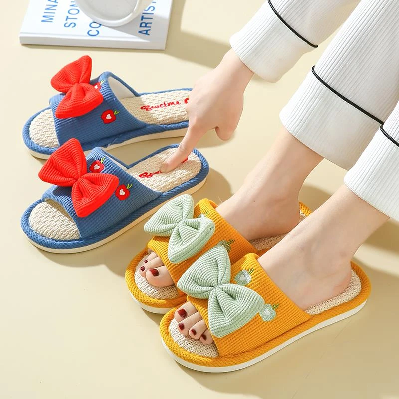 可爱蝴蝶结亚麻布拖鞋女夏季露趾棉麻拖鞋少女防滑室内家居木地板