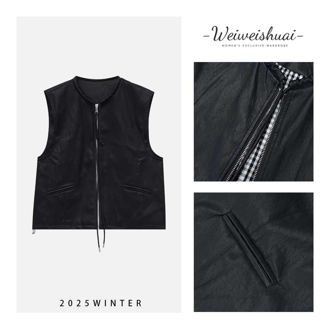 【广州微姐】秋季复古潮流时尚宽松休闲女款皮马甲8807