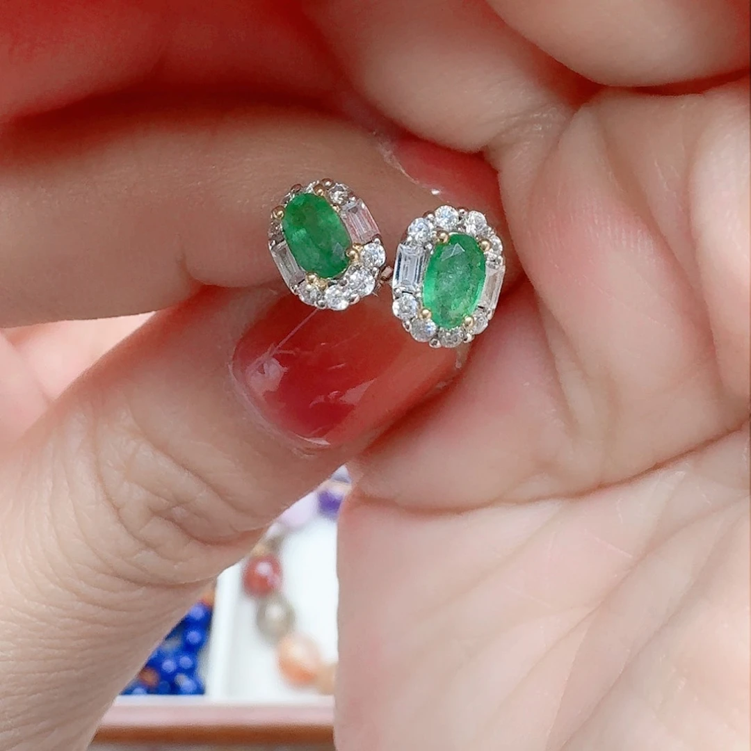 祖母绿耳饰银S925镶嵌耳钉