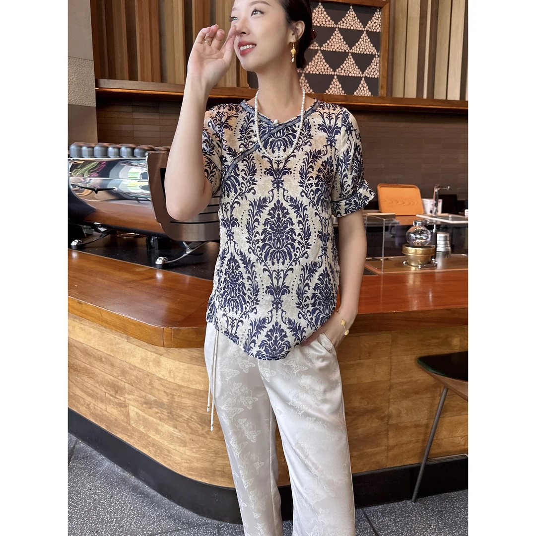 【深圳罗依】原创丝麻衬衫女V领显瘦新中式宽松短袖时尚气质上衣