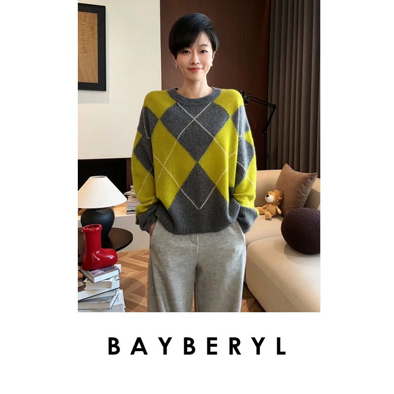 BAYBERYL老贝梨画*撞色灰黄菱格丝羊绒冬针织衫9ZZS5L1642-12/17