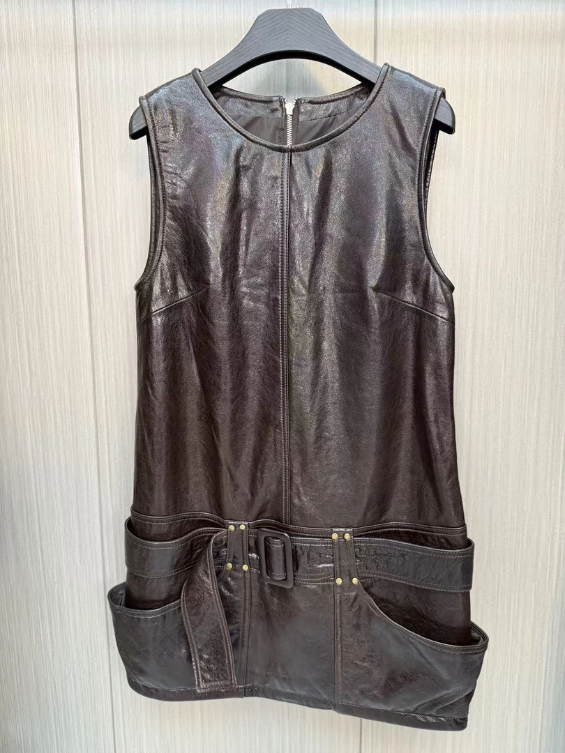 油蜡皮连体中长裙气质时尚百搭女士真皮复古