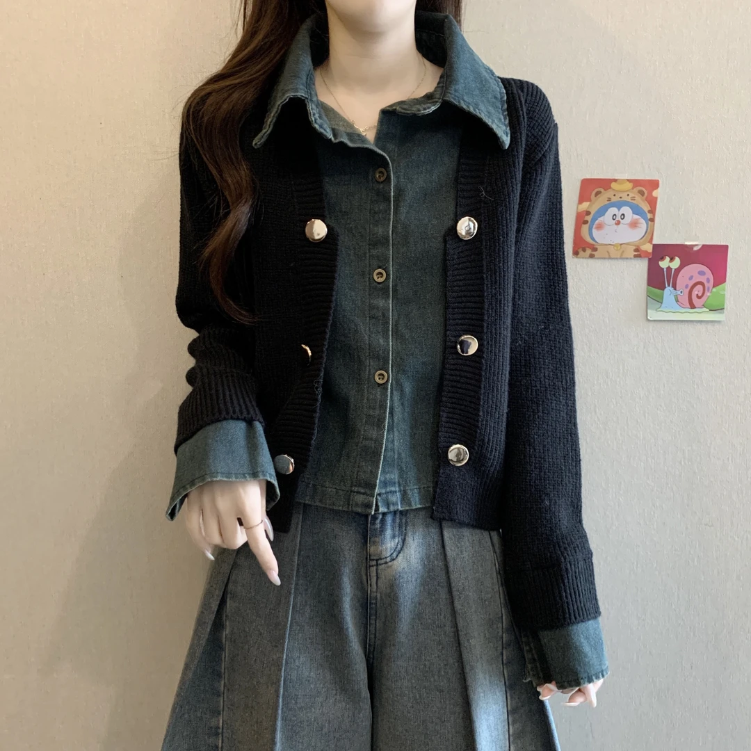 大码女装遮肚子复古牛仔拼接针织衫女秋冬微胖妹妹显瘦假两件上衣