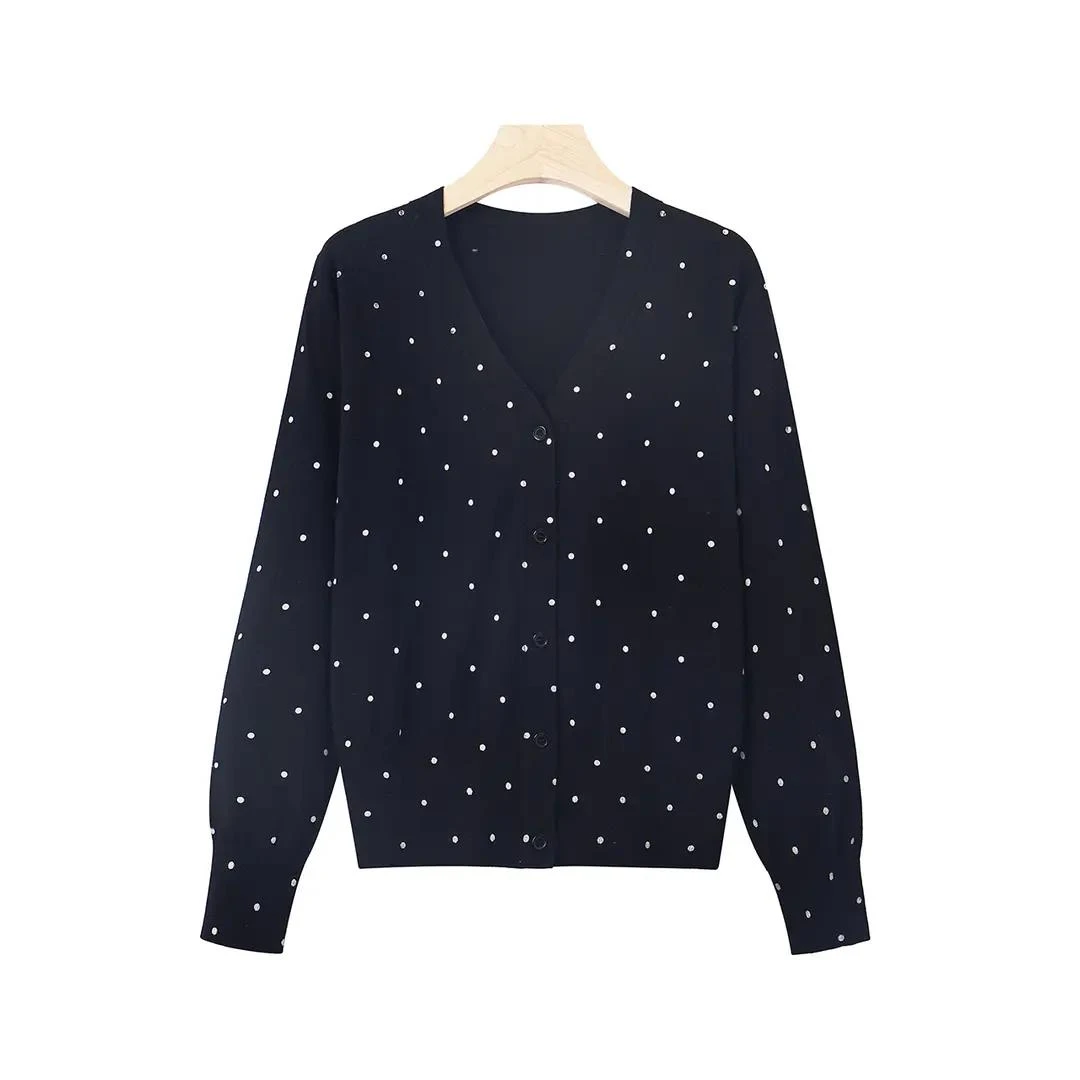 【吉岚严选】时尚波点印花V领单排扣针织开衫女 2025春季新款上衣女