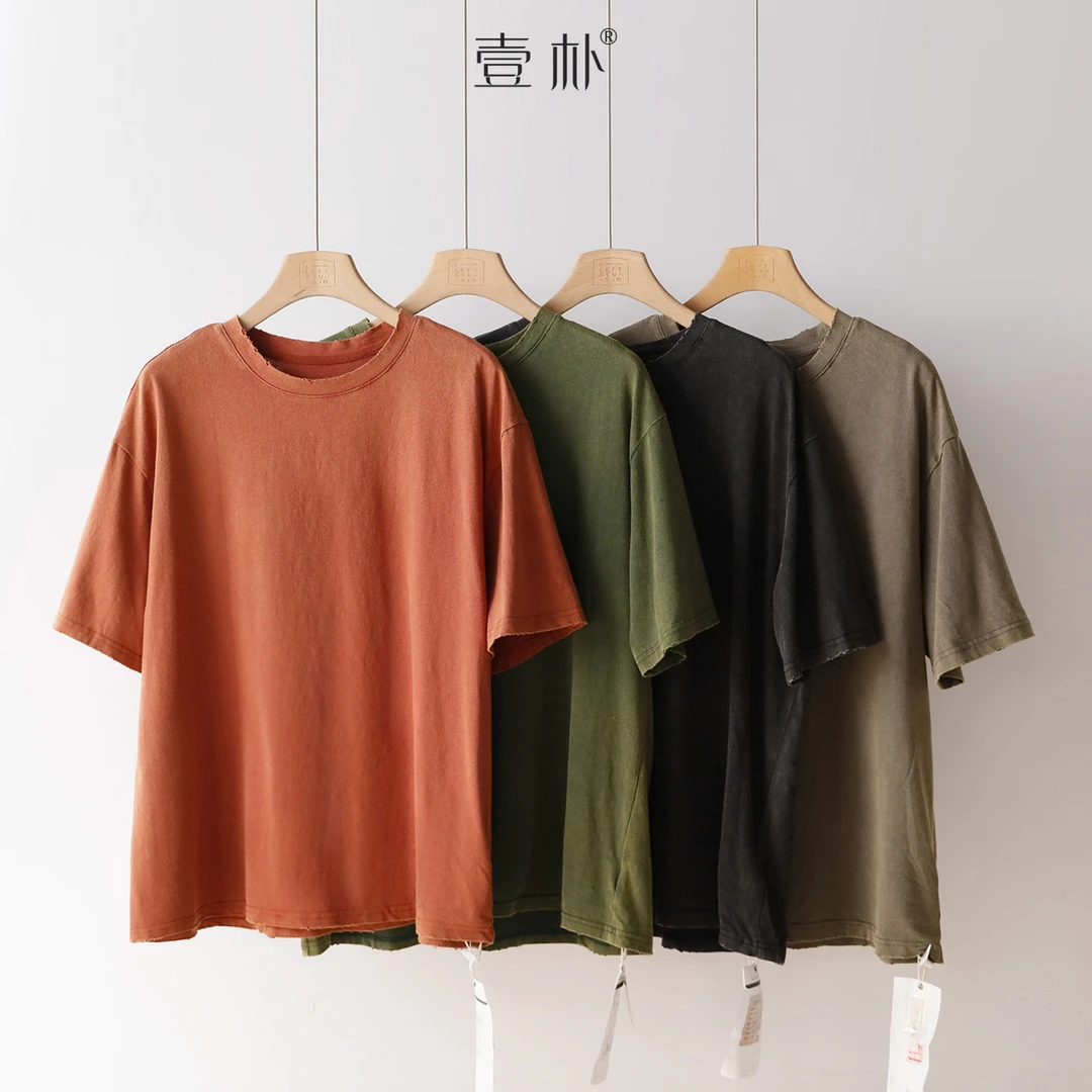 1030101果果自制夏季文艺圆领宽松炒色做旧棉短袖T恤上衣 PZ21701