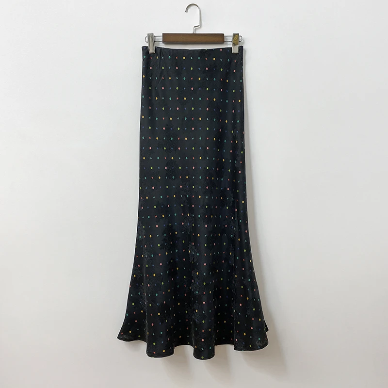 黑色香云纱斜裁印花圆点鱼尾裙新中式国风复古气质女士高腰半身裙