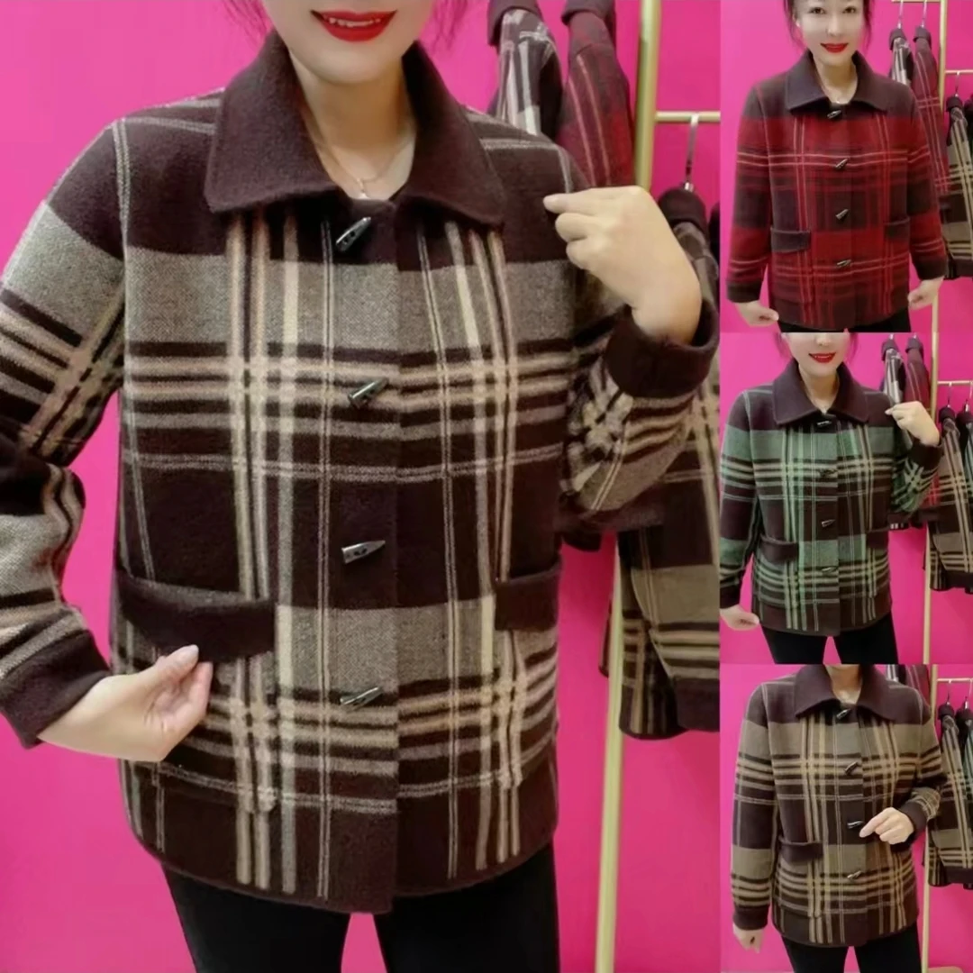 春季新款翻领牛角扣格子开衫外套