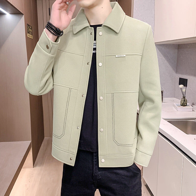 春秋季夹克男修身潮流时尚短款翻领外套高级感拼接休闲帅气夹克衫