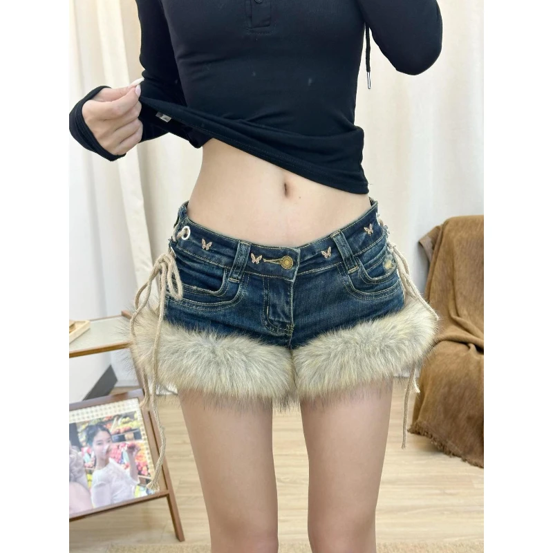 美式vibe大码水洗做旧毛毛拼接牛仔短裤女辣妹y2k修身街头热裤潮