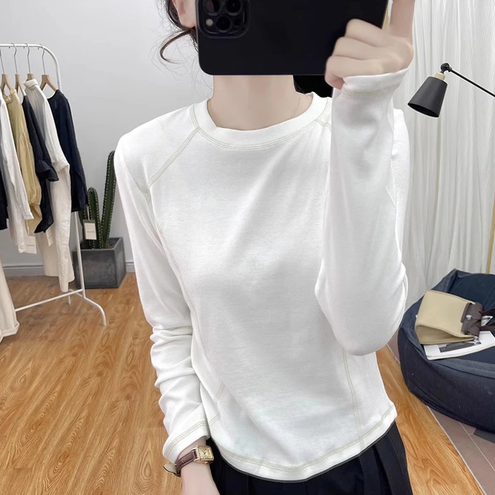 设计感自发热明线长袖T恤打底衫女秋季新款修身减龄上衣圆领体恤