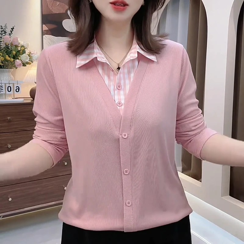 中年女士假两件小衫时尚百搭2025秋季新款洋气减龄遮肉显瘦上衣女