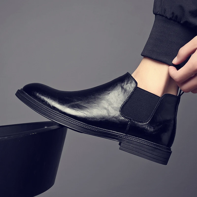 真皮短靴子高帮马丁靴英伦风黑色商务皮鞋冬季加绒保暖切尔西靴男