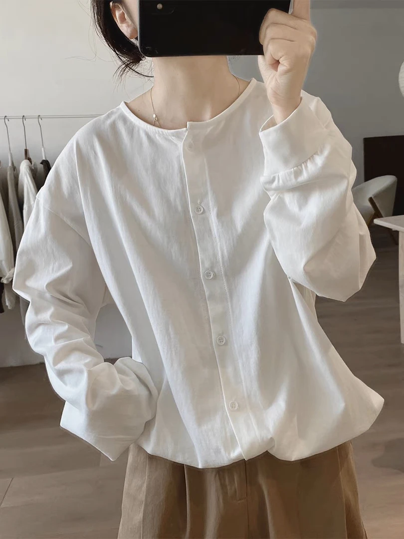 圆领衬衫女式春秋季新款宽松显瘦韩版开衫简约基础款减龄棉质上衣