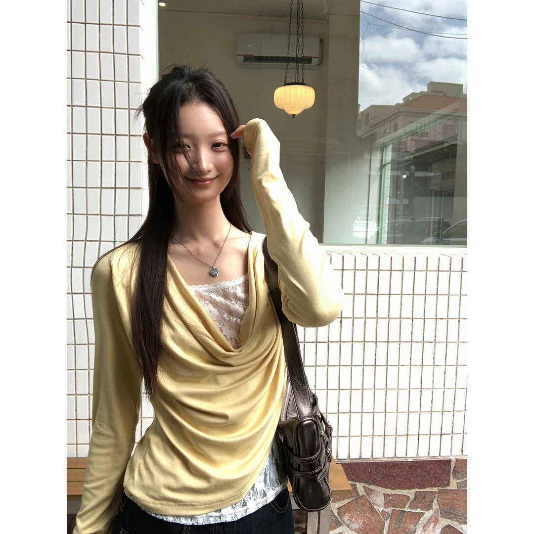 【黄油拿铁】秋季蕾丝拼接假两件荡领短款长袖T恤253J2411#