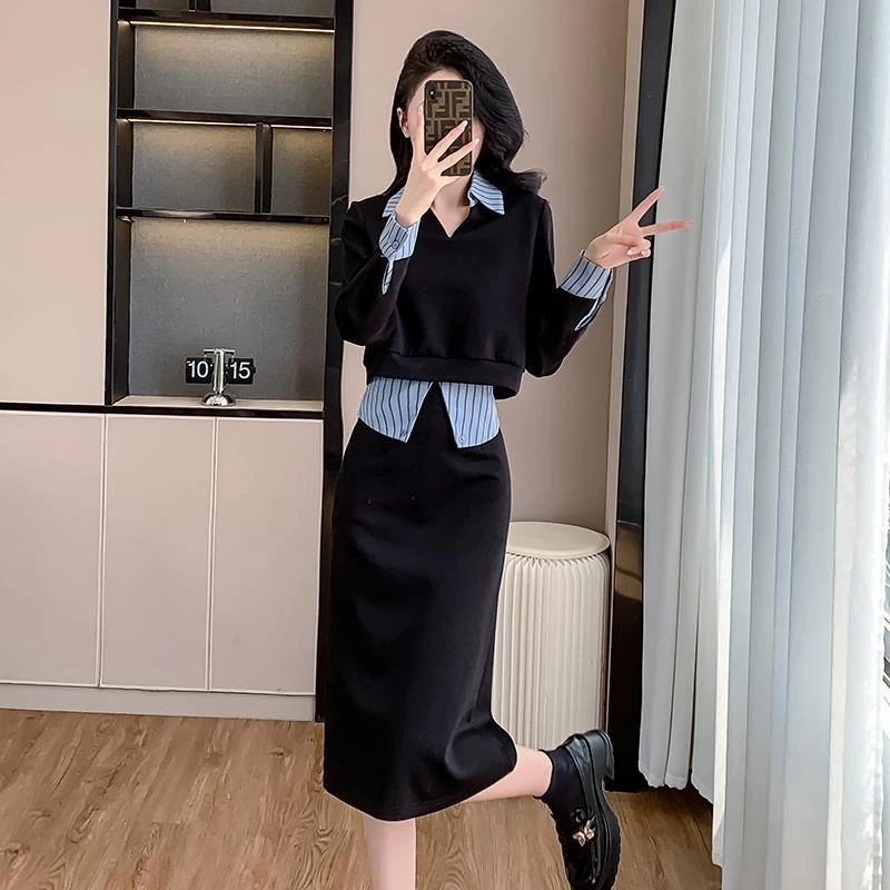 2025复古拼接设计衬衫领卫衣套装女休闲简约两件套