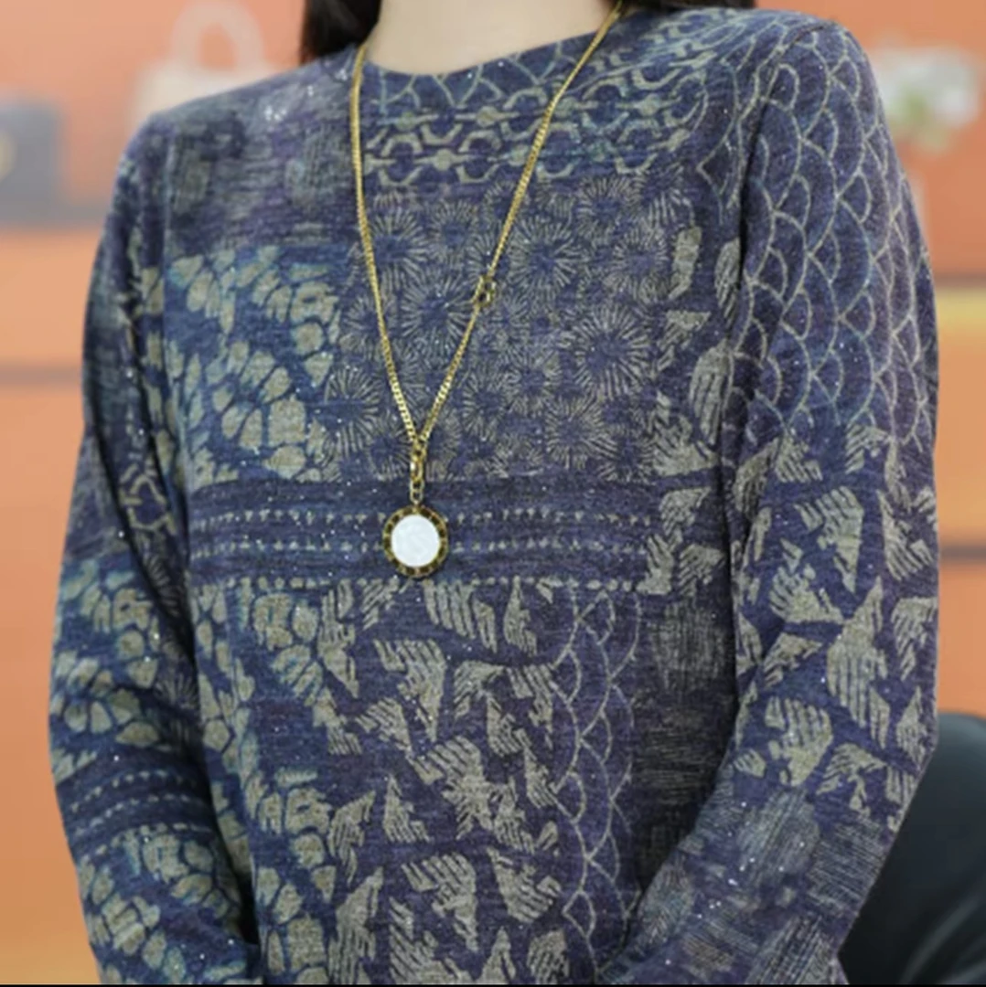 优雅印花长袖这款简约通勤上衣适合中年妈妈秋季百搭选择