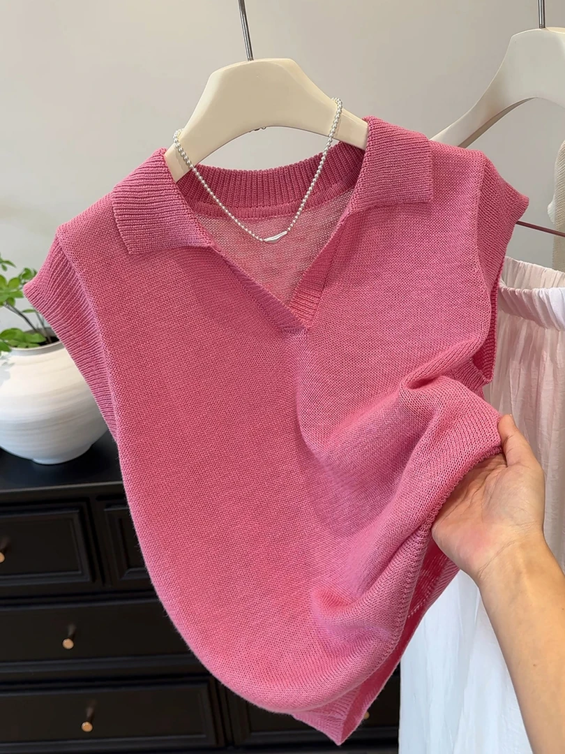 时尚休闲翻领飞飞袖针织短袖t恤女夏季新款显瘦减龄百搭无袖上衣