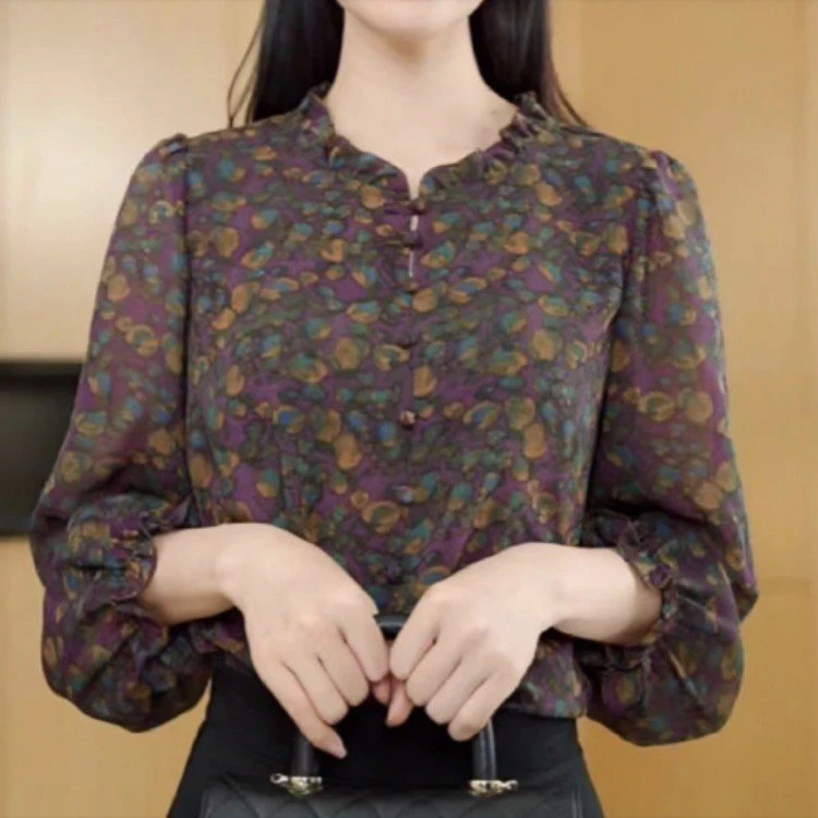 2025新款新中式国风设计感夜浮萍气质立领衬衫上衣