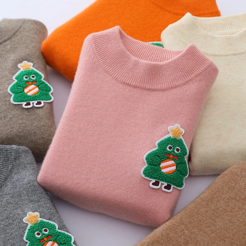 秋冬儿童纯羊毛衫男女童装中大童圣诞毛衣套头打底半高领保暖