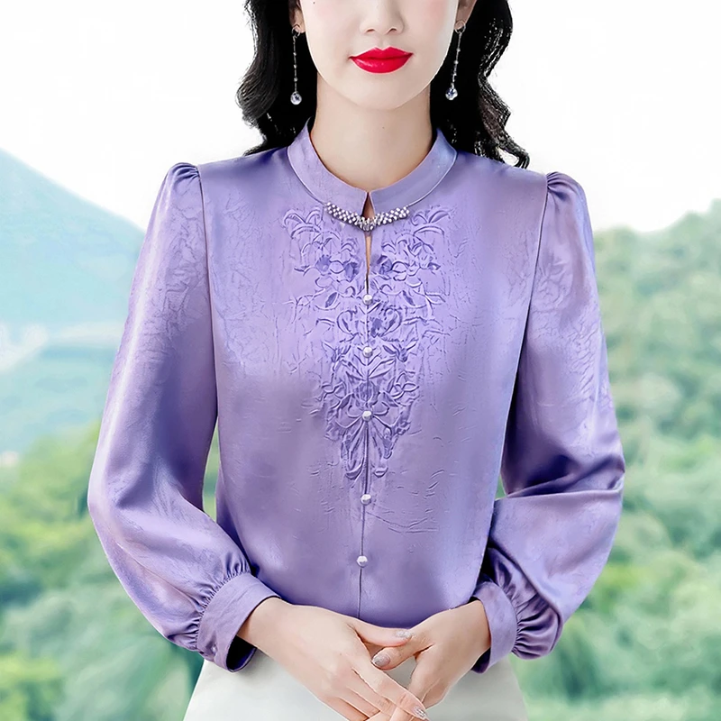 国风重工刺绣长袖衬衫女士2025年秋季新款气质小衫高级感缎面上衣