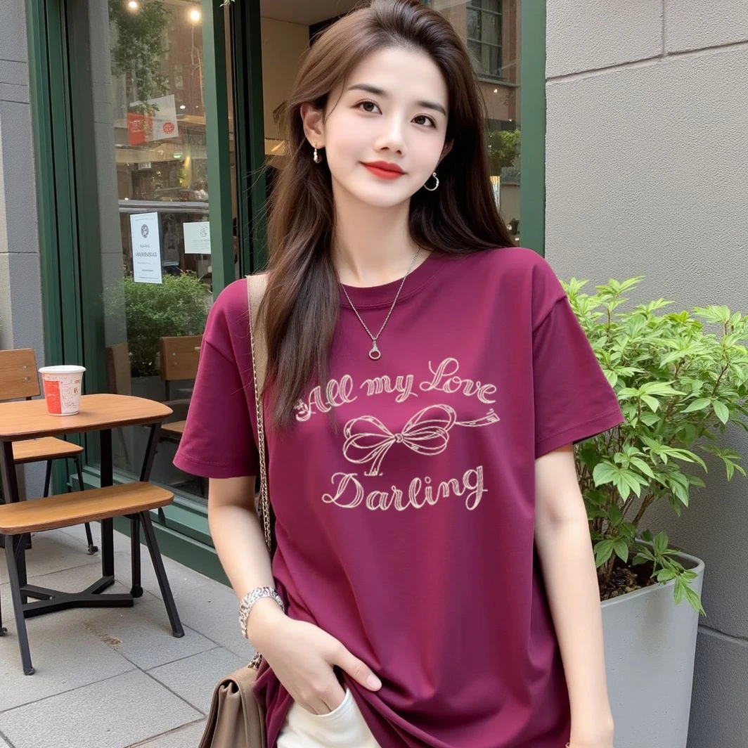【蝴蝶字母】纯棉宽松显瘦短袖T恤印花圆领时尚休闲百搭上衣