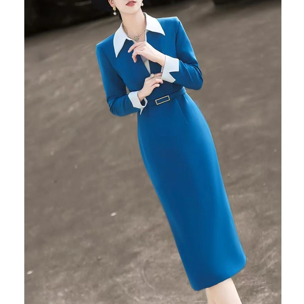 5521#春季新款气质通勤长袖衬衫领连衣裙女