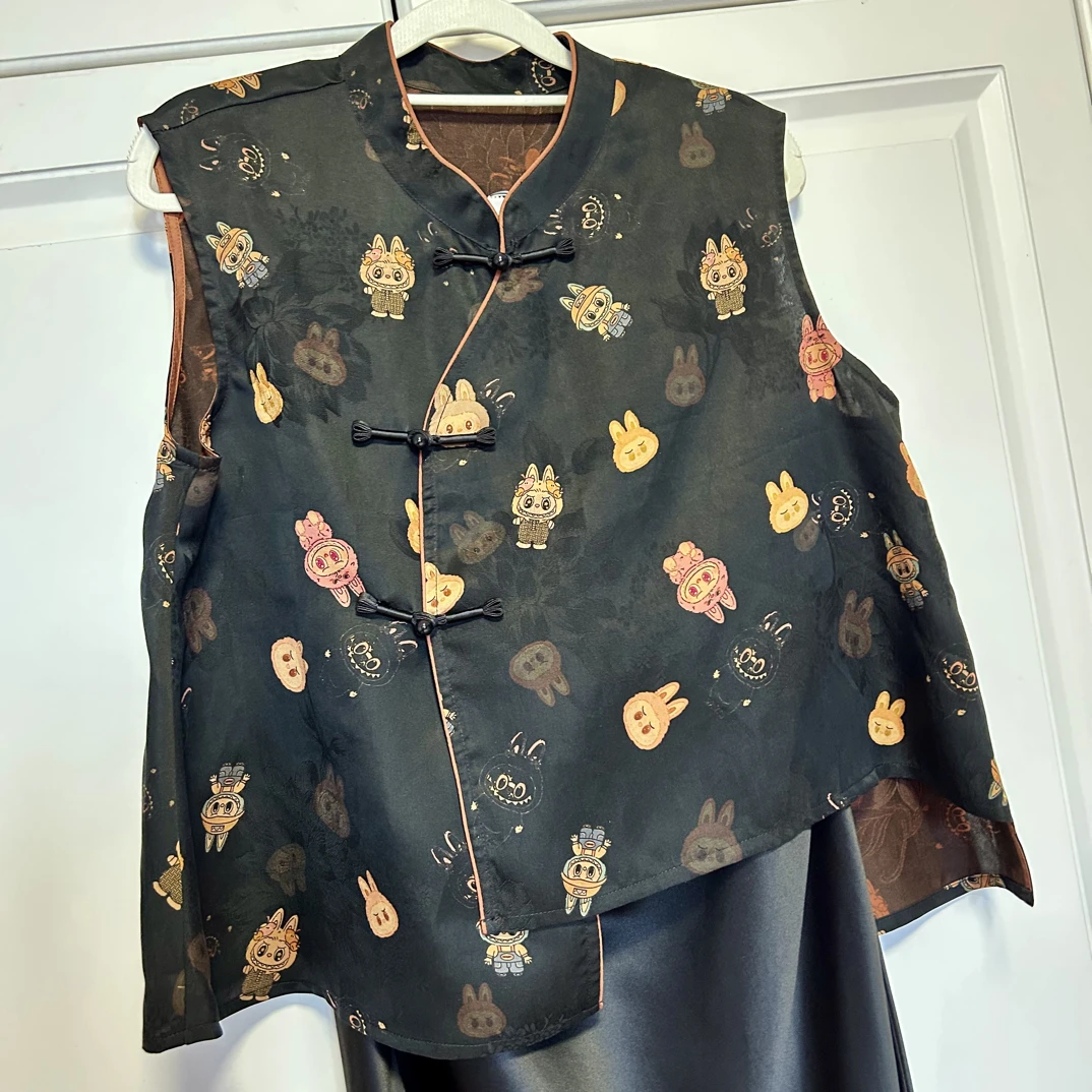 新中式桑蚕丝满分香云纱工艺黑色拉布布图案可爱俏皮上衣中国风