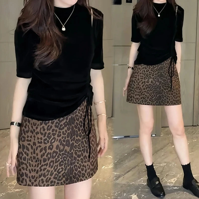 美式复古炸街套装女2025年春秋新款露肩长袖卫衣豹纹半身裙两件套