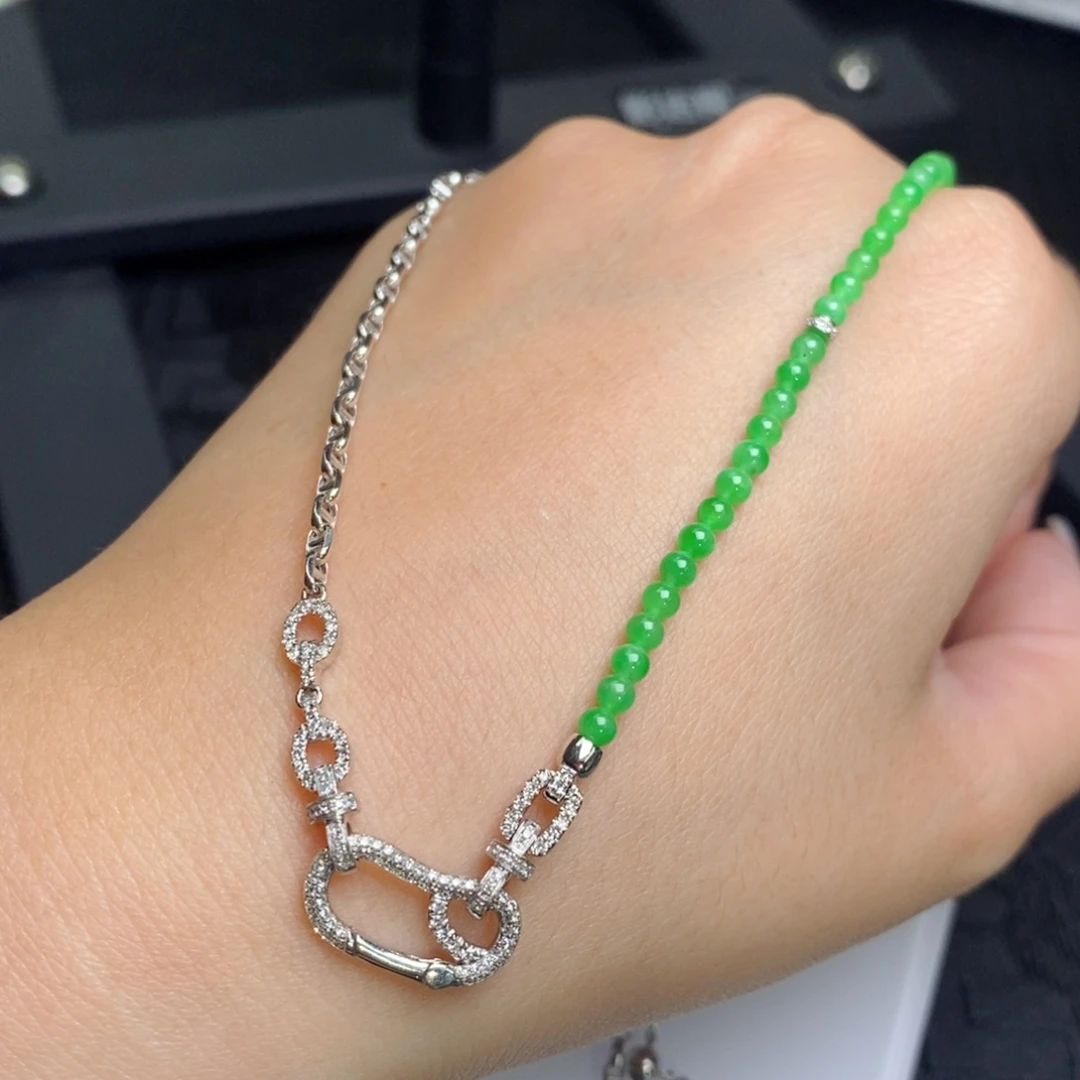 翡翠18K金镶嵌项链小米珠百搭链