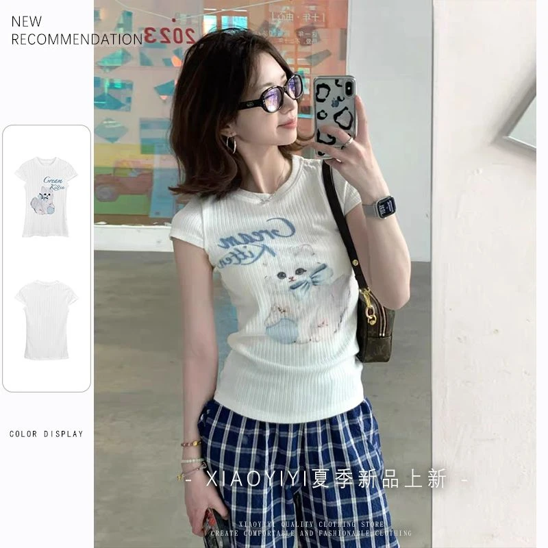 夏日盐系甜辣风小猫T恤上衣2025韩系氛围感正肩修身款短袖#S3148