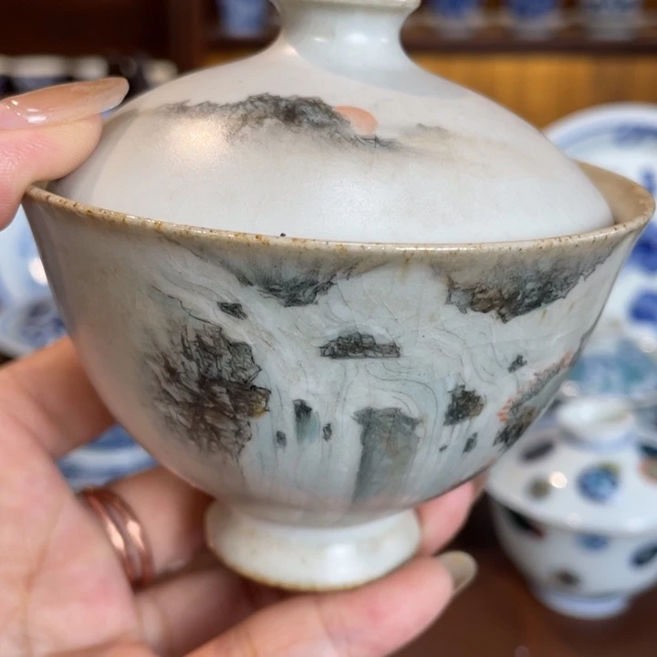 刚*好手工手绘山水盖碗