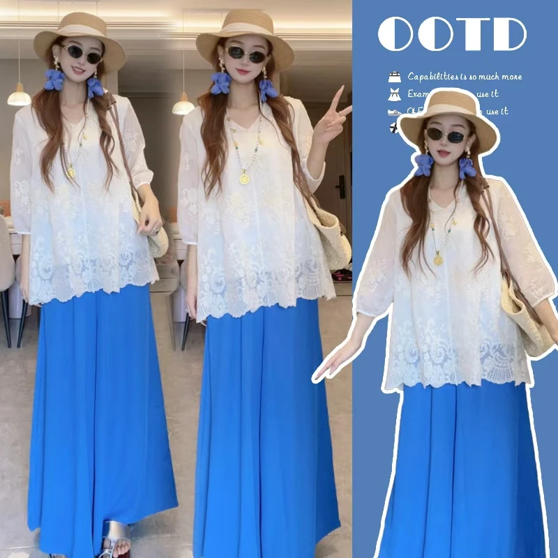 【Liner】夏日氧气感穿搭·水溶蕾丝上衣+治愈蓝阔腿裤|温柔系 ootd