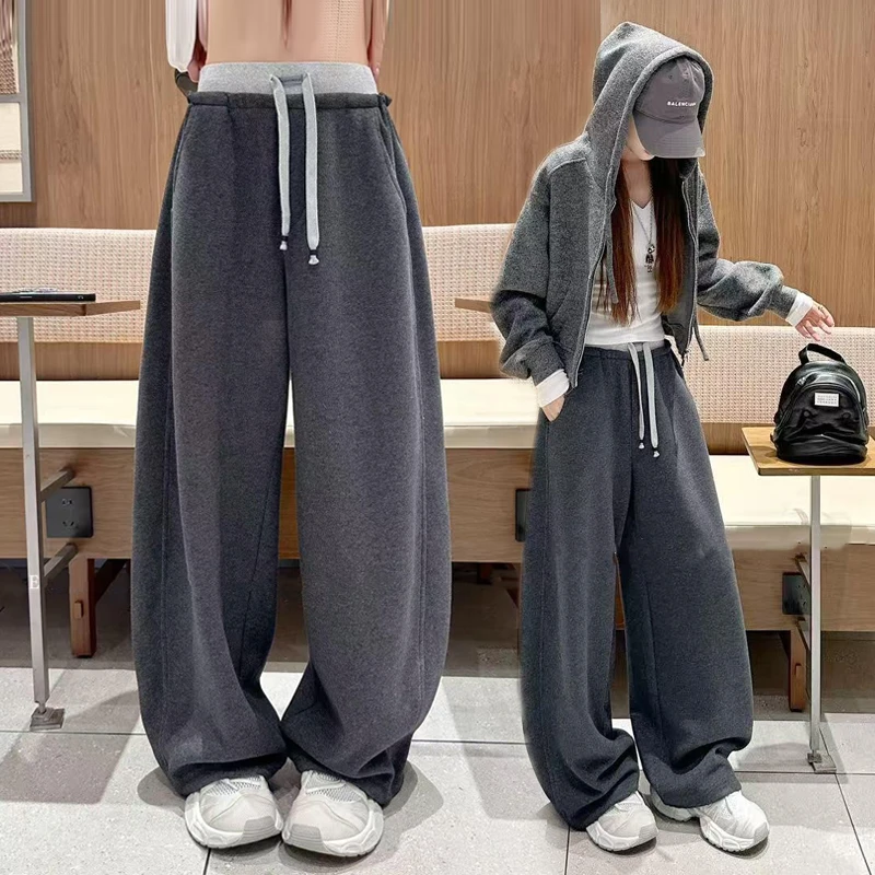 慵懒松弛感撞色抽绳加绒弯刀裤女秋冬显瘦加厚灰色卫裤运动休闲裤