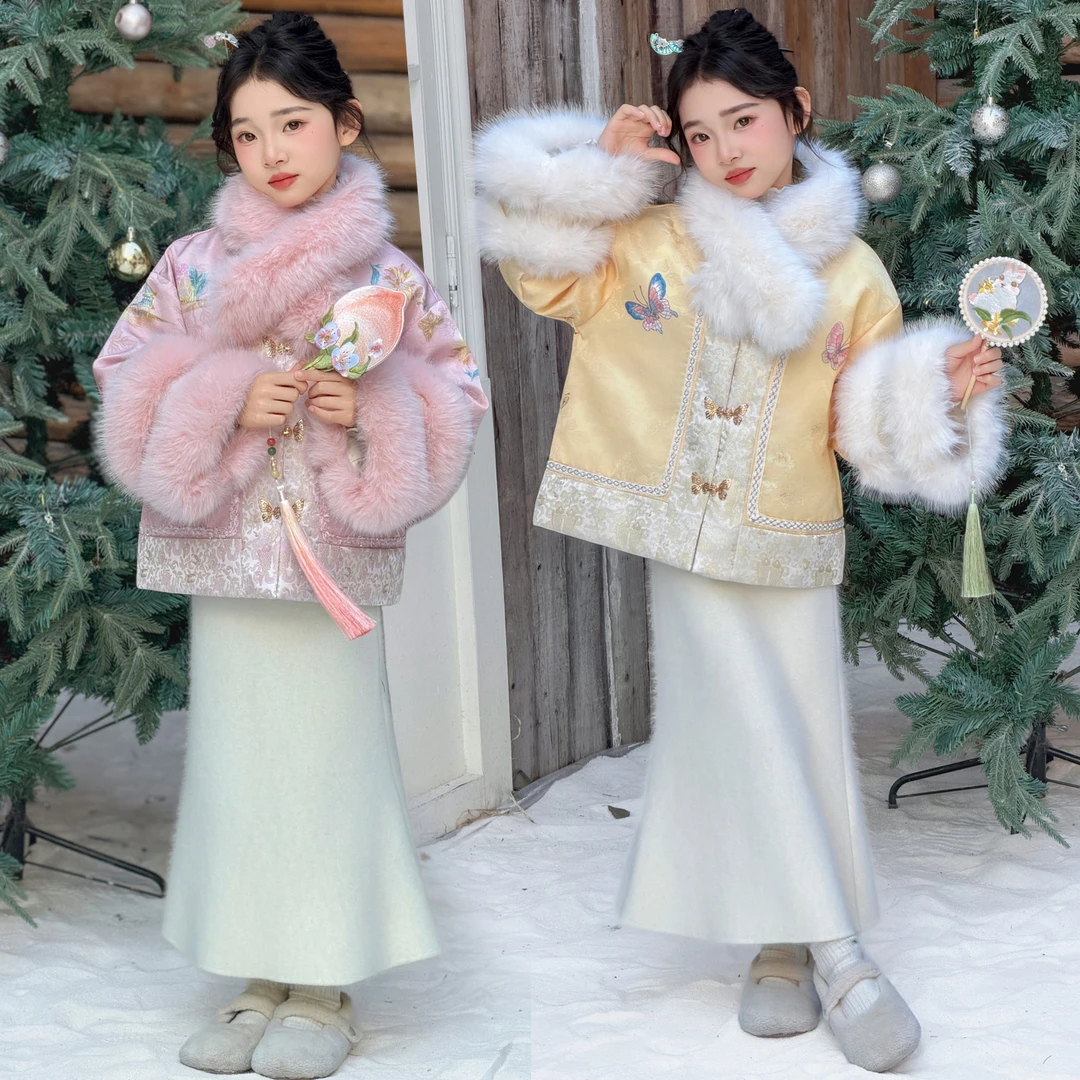 女童冬季新年套装儿童复古中国风羽绒汉服半身裙两件套改良拜年服