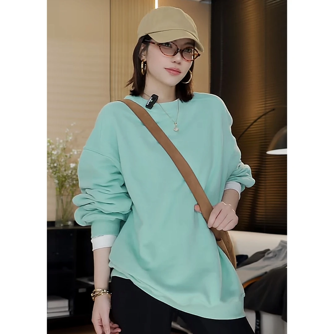 【胡洛一】新款圆领卫衣女宽松基础净版纯色早秋美式复古上衣-CK316