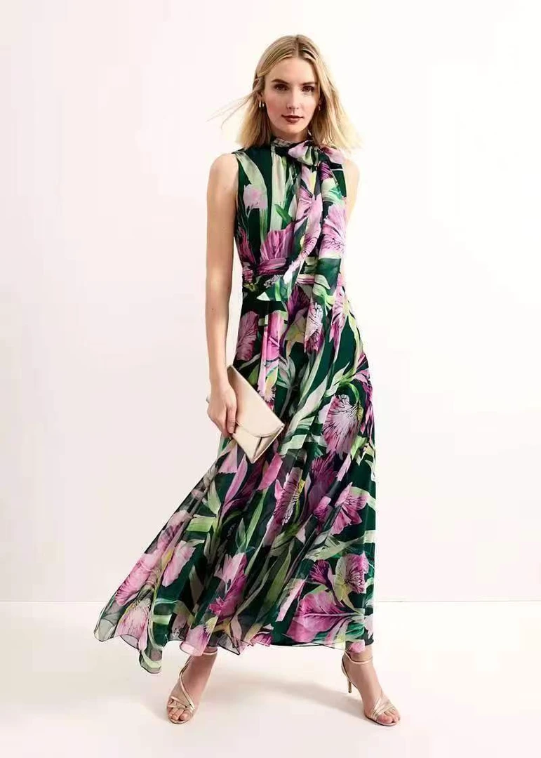 无袖植物花卉挂脖拉链印花连衣裙修身花色气质长裙裙子显瘦