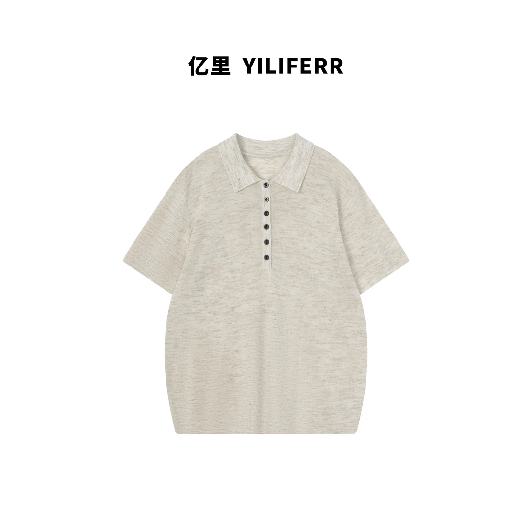 【YILI显瘦女装】亚麻点纱气质polo翻领短袖宽松针织短袖Y0941