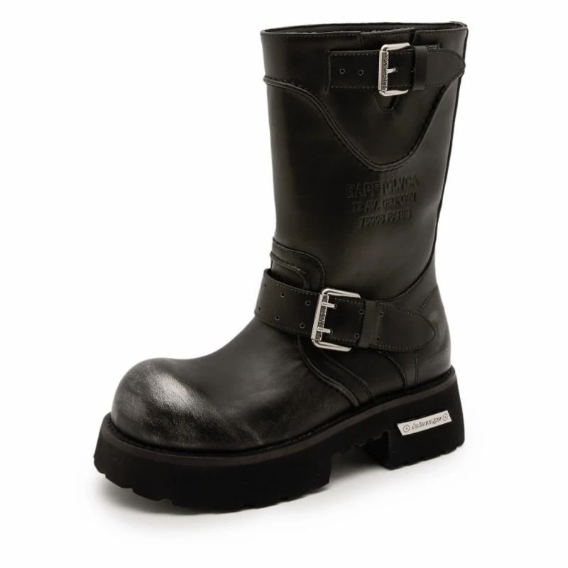 厚底马丁靴女时尚复古大头中筒机车靴2025秋季新款设计感骑士靴潮