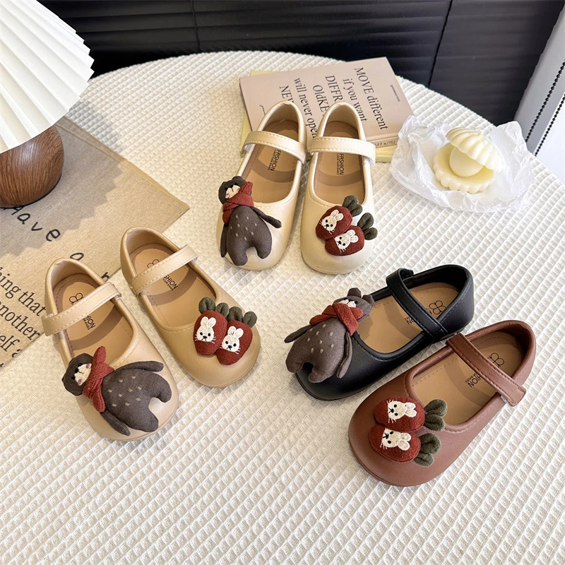 ABC 女童可爱小兔子卡通玩偶小皮鞋2025春秋新款魔术贴浅口公主鞋