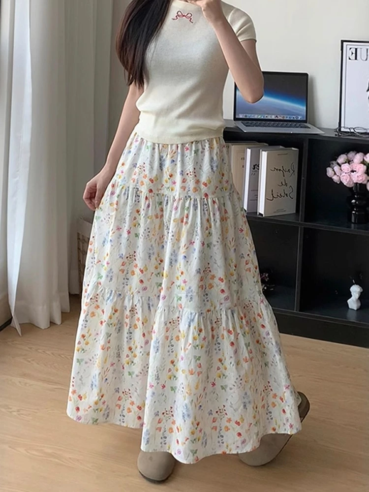 多巴胺法式碎花半身裙女夏薄款大码胖mm显瘦遮肚a字蓬蓬蛋糕长裙
