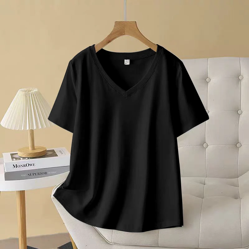 2025新款V领慵懒风短袖t恤女宽松白色显瘦夏季爆款韩式内搭上衣女