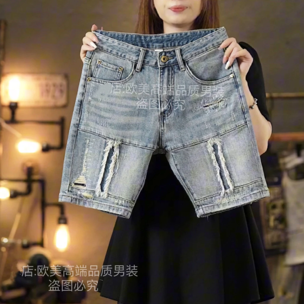夏季薄款男士软牛仔裤短裤复古浅蓝色破洞拼接中裤五分潮修身弹力