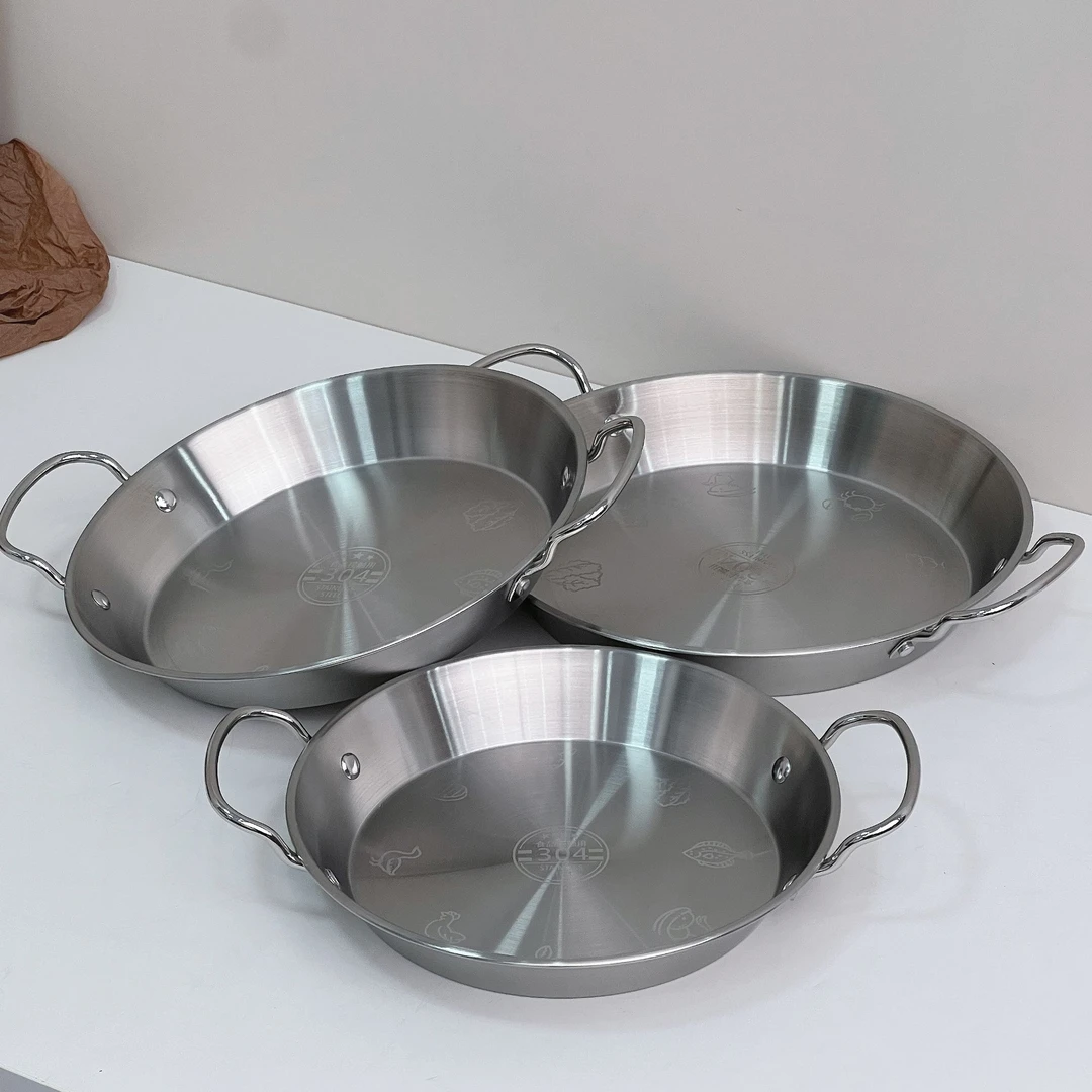 304食品级不锈钢盘子双耳圆形海鲜盘煎盘韩式干锅盘凉菜盘沙拉盘