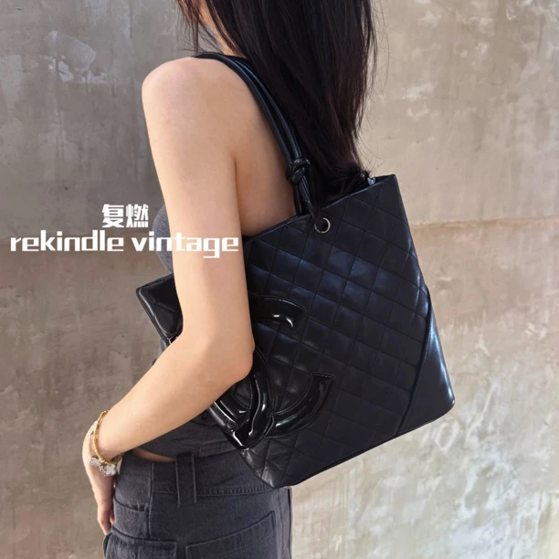 95新 Chanel/香奈儿 复燃精选/黑色小号康鹏菜篮子托特包